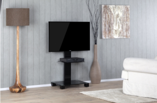 TV stolek SONOROUS PL 2515 (černé sklo + černé nohy) (Moderní televizní stolek v kombinaci sklo / kov. Stolek je vyroben z tvrzeného skla a leštěného hliníku. Je ideální pro televize do 50  a váhy 40kg.)