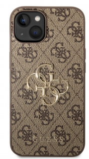 Guess PU 4G Metal Logo Zadní Kryt pro iPhone 15 Hnědý