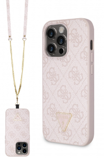 Guess PU 4G Strass Triangle Metal Logo Zadní Kryt + Crossbody Popruh pro iPhone 15 Pro Pink