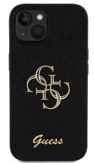 Guess PU Fixed Glitter 4G Metal Logo Zadní Kryt pro iPhone 15 Black
