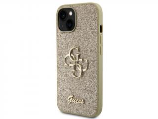Guess PU Fixed Glitter 4G Metal Logo Zadní Kryt pro iPhone 15 Gold