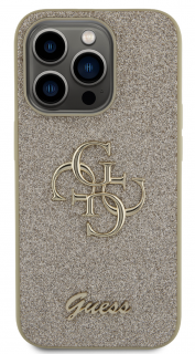 Guess PU Fixed Glitter 4G Metal Logo Zadní Kryt pro iPhone 15 Pro Gold