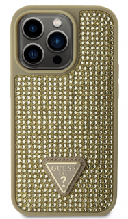 Guess Rhinestones Triangle Metal Logo Kryt pro iPhone 15 Pro Gold
