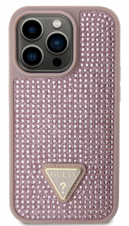 Guess Rhinestones Triangle Metal Logo Kryt pro iPhone 15 Pro Pink