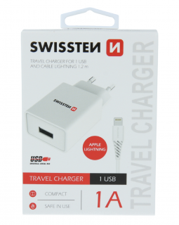 Swissten síťový adaptér smart ic 1x usb 1a power + datový kabel usb lightning 1,2 m bílý