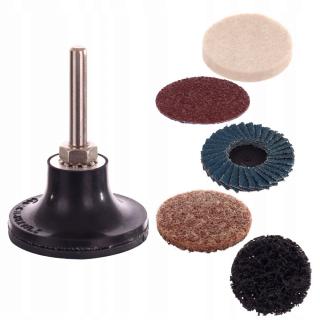 50mm unašeč a leštící disky pro stopkovou brusku, ROLOC systém, Stopka: 6mm (ROLOC SYSTEM SAND and POLISH SET with CLAMPING PAD)