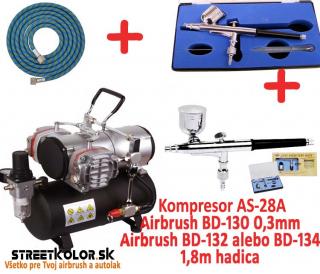 Airbrush set: 2x airbrush pistole a airbrush kompresor AS-28A + 1x hadice (2x Airbrush pistole  + Dvouválcový kompresor AS-28A + hadica)