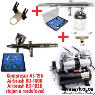 Airbrush set FENGDA: Kompresor AS-196 + pistole BD-180K + pistole BD-182K (2x Airbrush pistole  + Dvouválcových kompresor AS-196 + hadice)