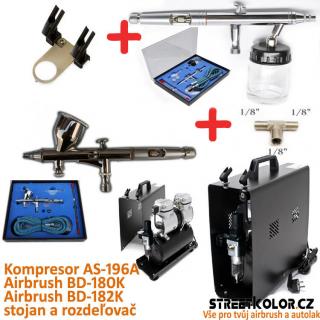 Airbrush set Fengda: Kompresor AS-196A + pistole BD-180K + pistole BD-182K (2x Airbrush pistole + dvouválcový kompresor AS-196A + hadice)