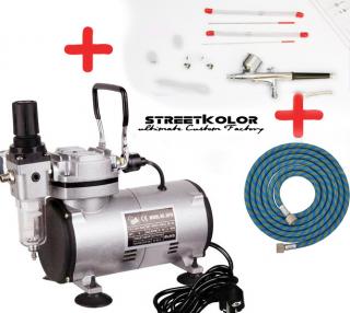 Airbrush set: Kompresor a Airbrush pistole  BD-130 0,2+0,3+0,5mm + hadice  (Airbrush BD-130 se třemi jehlami a tryskami + Kompresor + Hadice 1,8 m)