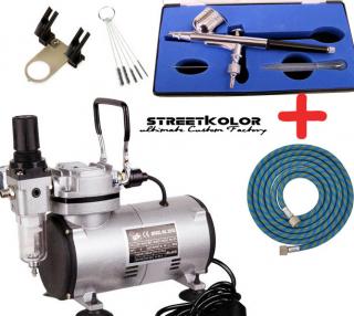Airbrush set: Kompresor a airbrush pistole BD-130 + hadice + Stojan + kartáčky (Airbrush BD130 + Kompresor - Hadice 3 m)