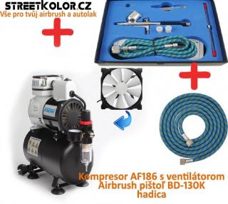 Airbrush set: Kompresor AF-186 a pistole Fengda  BD-130K 0,2+0,3+0,5mm + hadice (Airbrush BD-130 se třemi jehlami a tryskami + Kompresor AF-186 + Hadice 1,8 m)