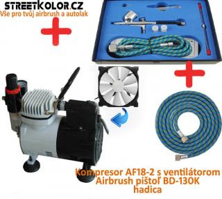 Airbrush set: Kompresor AF18-2 a pistole Fengda  BD-130K 0,2+0,3+0,5mm + hadice (AirBrush BD-130K s třemi jehlami a tryskami + Kompresor AF18-2 + Hadice 1,8 m)