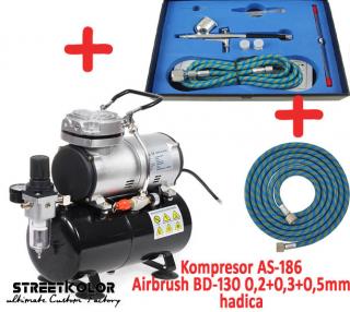 Airbrush set: Kompresor AS-186 a pistole BD-130K 0,2+0,3+0,5mm + hadice  (Airbrush pistole FENGDA BD-130 se třemi jehlami a tryskami + Kompresor FENGDA AS-186)