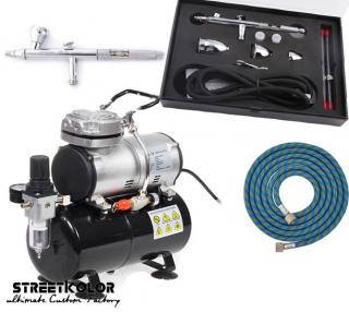 Airbrush set: Kompresor AS-186 a pistole FE-183K 0,3+0,5+0,8mm + hadice (Airbrush pistole FENGDA FE-183K se třemi jehlami a tryskami + Kompresor FENGDA AS-186)