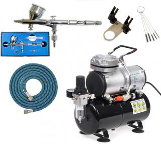Airbrush set: Kompresor AS-186 a pistole Fengda BD-180 0,2mm + hadice + stojan + čistící kartáčky