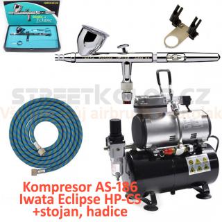 Airbrush set:Kompresor AS-186 a pistole Iwata Eclipse HP-CS +hadice +stojan (Airbrush pistole Iwata Eclipse HP-CS 0,35mm + Kompresor FENGDA AS-186  + Hadice FENGDA BD-24 1,8 m + stojan FENGDA BD-H4)