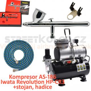 Airbrush set:Kompresor AS-186 a pistole Iwata Revolution HP-CR3 +hadice +stojan (Airbrush pistole Iwata Revolution HP-CR3 0,3mm + Kompresor FENGDA AS-186 + Hadice FENGDA BD-24 1,8m + stojan FENGDA BD-H4)