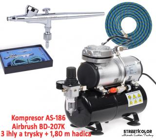 Airbrush set: Kompresor AS-186 + airbrush pistole BD-207K + hadice (Airbrush FENGDA BD-207K+ Kompresor FENGDA AS-186 + Hadice 1,80 m)