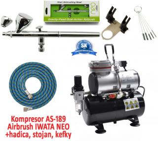 Airbrush set:Kompresor AS-189 a pistole Iwata NEO HP-CN+hadice+stojan+kartáčky (Airbrush Iwata NEO HP-CN 0,35mm + Kompresor + Hadice 1,8 m + stojan + čistící kartáček)