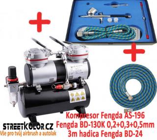 Airbrush set: Kompresor AS-196 a pistole BD-130K 0,2+0,3+0,5mm + hadice (Airbrush BD-130 se třemi jehlami a tryskami + Kompresor AS-196 + Hadice 1,8 m)