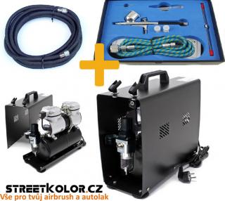 Airbrush set: Kompresor AS-196A a pistole BD-130K 0,2+0,3+0,5mm + hadice  (Airbrush BD-130 se třemi jehlami a tryskami + Kompresor AS-196A + Hadice)