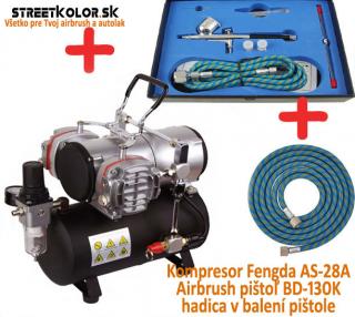 Airbrush set: Kompresor AS-28A a pistole BD-130K 0,2+0,3+0,5mm + hadice (Airbrush Fengda BD-130K se třemi jehlami a tryskami + Kompresor Fengda AS-28A + Hadice 1,8 m)