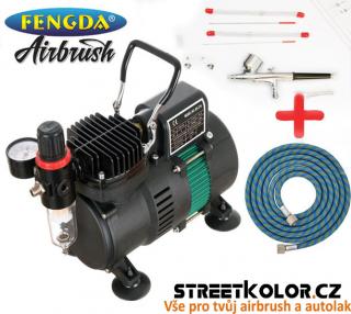 Airbrush set: Kompresor AS-320 a airbrush pistole BD-130 0,2+0,3+0,5mm + hadice (Airbrush Fengda BD-130 se třemi jehlami a tryskami + Kompresor Fengda BD-320 + Hadice 1,8 m)
