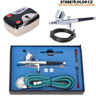 Airbrush set: Kompresor HS08 a pistole BD-130k 0,2 + 0,3 + 0,5mm + hadice (Základní a ideální sada pro modeláře s kompresorem HSENG HS08)