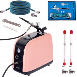 Airbrush set s kompresorem HS-386K + airbrush pistole FENGDA BD-130K 0,2+0,3+0,5mm + hadice (Profesionální sada pro make-up, dorty a nehty, EXTRA TICHÝ CHOD)