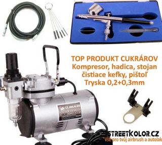 Cukrářský sen: Kompresor a pistole BD-130+hadice+Stojan+kartáčky, dvě trysky (Airbrush BD130 + Kompresor - Hadice 3 m)