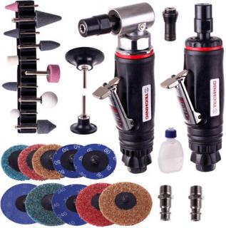 Profesionální sada pneumatické stopkové přímé brusky a stopkové úhlové brusky a 32ks příslušenství (KOLORTECH 7034 AIR ANGLE DIE GRINDER WITH 3+6mm COLLET + KOLORTECH 7032 AIR ANGLE DIE GRINDER WITH 3+6mm COLLET)