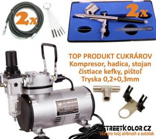 Profi Cukráři: Kompresor a 2x pistole BD-130+2x hadice+Stojan+kartáčky+2 trysky (Airbrush BD130 + Kompresor - Hadice 3 m)
