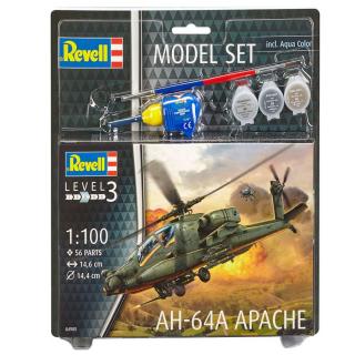 Revell AH-64A Apache Model Set vrtulník 1:100, 56 dílů + barvy + lepidlo + štětec (Revell AH-64A Apache 1:100, 14,6x14,4cm, Model No.: 04985)