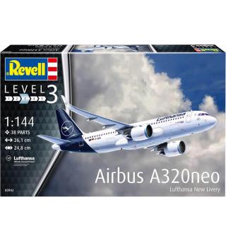 Revell Airbus A320 Neo Lufthansa  NEW LIVERY  Model Set letadlo 1:144, 38 dílů (REVELL AIRBUS A320neo LUFTHANSA NEW LIVERY FIRST FLIGHT 1:144, 26,1x24,8cm, LEVEL 3, Model No.: 03942)