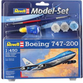 Revell Boeing 747-200 Jumbo Jet Model Set letadlo 1:450, 22 dílů + barvy + lepidlo + štětec (REVELL BOEING 747-200 1:450, 15,8x13,3cm, LEVEL 3, Model No.: 03999)