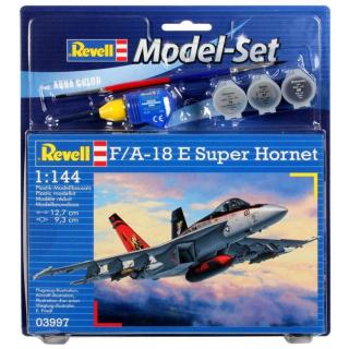Revell F/A-18E Super Hornet Model Set letadlo 1:144, 63 dílů + barvy + lepidlo + štětec (REVELL F/A-18E Super Hornet 1:144, 12,7x9,3cm, LEVEL 3, Model No.: 63997)