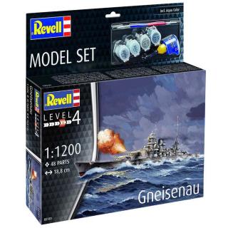 Revell Gneisenau Model Set lodě 1:1200, 48 dílů + barvy + lepidlo + štětec (Revell GNEISENAU BATTLESHIP, 1:1200, 18,8x6cm, LEVEL 4, Model No.: 65181)