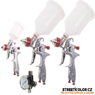 Set stříkacích pistolí: Pistole 1,3mm + pistole 1,7mm + pistole 0,8mm + reguláto