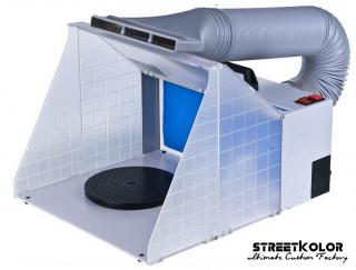 Stříkací box s odsáváním, osvětlením a rotačním stojanem pro airbrush modeláře (Přenosná stříkací kabina s odsáváním HSENG E420DCK)