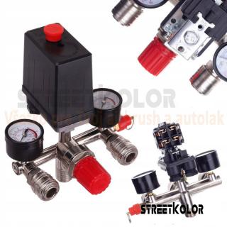 Tlakový spínač pre kompresory, 230V, Regulátor, 2x manometer, 2 x rýchlospojka