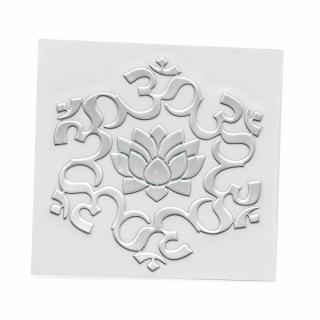 Ezoterická mosazná samolepka - Lotosový květ s Óm, stříbrná
