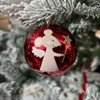 SKLENENÁ VIANOČNÁ OZDOBA - ČERVENÁ GUĽA S  MYŠKOU (7 CM)