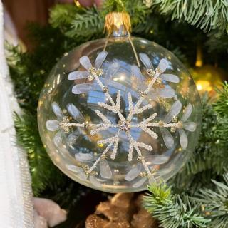 SKLENENÁ VIANOČNÁ OZDOBA - PRIEHĽADNÁ GUĽA S VLOČKOU (9 CM)