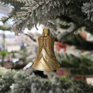 SKLENENÁ VIANOČNÁ OZDOBA - ZLATÝ ZVONČEK SO ZDOBENÍM