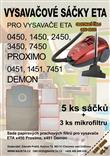 SÁČKY DO VYSAVAČE ETA 0450, 1450, 2450, 3450, 7450, 0451, 7451, Proximo, Demon, Galaxie, 5+3ks, filtry papírové (ETA 045068001)