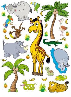 Dekorace K0824 - samolepka pro děti Džungle - žirafa, slon, hroch, 65 x 85 cm