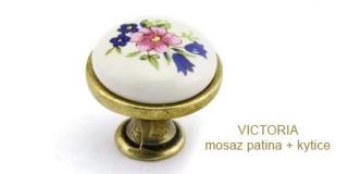 kovový knopek VICTORIA mosaz patina Varianta: VICTORIA mosaz patina + Kytice porcelán