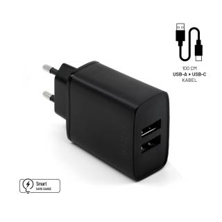 Set síťové nabíječky FIXED s 2xUSB výstupem a USB/USB-C kabelu, 1 metr, 15W Smart Rapid Charge, černá