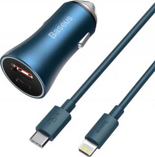 Baseus Golden Contactor Pro nabíječka do auta, USB USB-C, QC4.0 , PD, SCP, 40W (modrá) USB-C - Lightning kabel 1m (modrá)